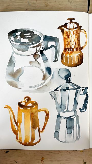 Watercolors Sketchbooks Illustration Educator on Instagram: "I seriously need to explore more glass or high contrast items around the home. I love the play of light on them. Day 13 of my Chroma course prompts were mugs or coffee pots. This summer I’ll start my semi sabbatical when I will become a student again learning from other @skillshare teachers as well as enrolling in ceramics classes, maybe even printmaking. . . @hahnemuehle_uk @hahnemuehle_global 100% cotton sketchbook @winsorandnewton w Crockery Painting, Coffee Watercolor Illustration, Coffee Cup Watercolor Painting, Watercolour Coffee Cup, Watercolour Coffee Painting, Watercolor Coffee Cup, Glass Watercolor, Product Sketches, Coffee Watercolor