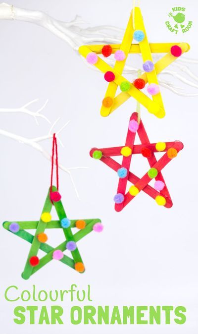 STAR ORNAMENTS - This colourful pom pom popsicle stick craft will look amazing hanging on your Christmas tree or as a bright and cheery star craft for a bedroom or nursery all year round. An easy and pretty Christmas craft for kids. #kidscraftroom #stars #starcrafts #popsiclestickstars #popsiclestickcrafts #christmascrafts #popsiclesticks #craftsticks #kidscrafts #craftideasforkids #kidsactivities #pompoms #pompomcrafts Popsicle Stick Stars, Ornaments Kids Can Make, Stick Stars, Popsicle Stick Christmas Crafts, Letters From Santa, Kids Craft Room, Star Ornaments, Christmas Crafts For Kids To Make, Kids Christmas Ornaments