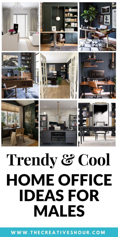 Small space? No problem! Our guide is packed with masculine home office ideas that mix practicality with bold design. Discover how to choose the right desk, utilize impactful colors, and select decor that speaks of strength and style. Get inspired by our curated designs that prove a limited area can still exude a powerful and professional vibe. Ideal for men who want to make a big statement in a compact space. Male Desk Decor Office Ideas, Men’s Office Decorating Ideas, Guys Home Office, Basement Office Design Ideas, Man’s Office Decor, Men's Office Ideas, Home Office Inspiration Masculine, Masculine Office Paint Colors, Mans Office At Home