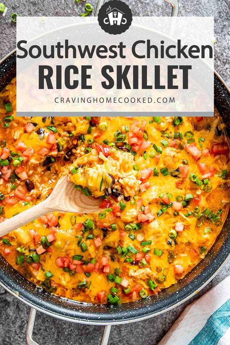 This delicious quick and easy Southwest Chicken and Rice Skillet is a one-pan meal that’s full of fresh colorful ingredients and bursting with layers of flavor! #southwestchicken #riceskillet #recipe Mexican Chicken And Rice Skillet, Chicken Taco Rice Skillet, Blackened Chicken And Southwest Rice, South West Chicken Bowl, Southwest Skillet Chicken And Rice, Southwest Chicken Skillet Dinner, Southwest Chicken Bake With Rice, South Western Recipes, Southwest Recipes Main Dishes