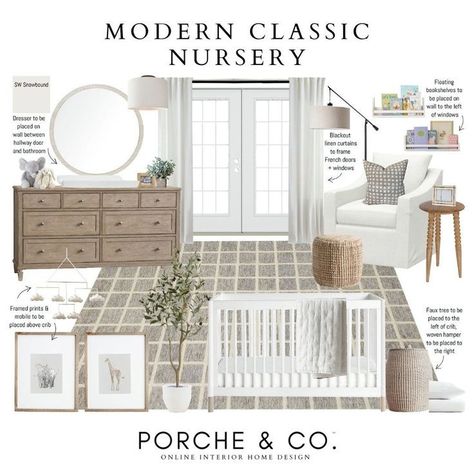 Dive into our mood boards nursery room decor. We cover all aspects of designing a stylish and functional nursery, tailored to modern classic home decor styles. From practical layout ideas to decorative accents, we provide all the information you need to create a dream nursery for your baby. Visit Porche & Co. to learn more about nursery decor and other room decor updates with modern classic home decor styles. (Affililate) White Crib Brown Dresser Nursery, Transitional Nursery Ideas, White Crib Nursery, Minimalistic Nursery, Nursery Mood Board, Celebrity Nurseries, Transitional Nursery, Room Moodboard, Modern Classic Home