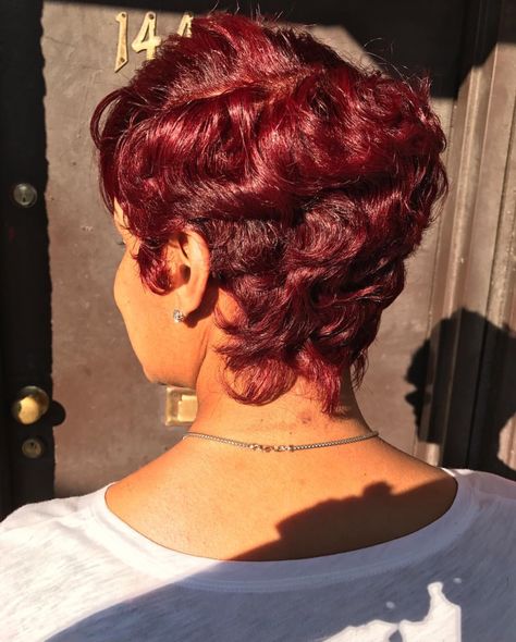 Follow @Aleahxoxo  for more Burgundy Hair On Short Hair, Short Red Hair For Black Women, Red Color Hair Black Women, Red Fingerwaves For Black Women, Burgundy Pixie Haircut Black Women, Red Haircut Black Women, Red Short Hairstyles, Short Ruby Red Hair, Burgundy Finger Waves Black Women