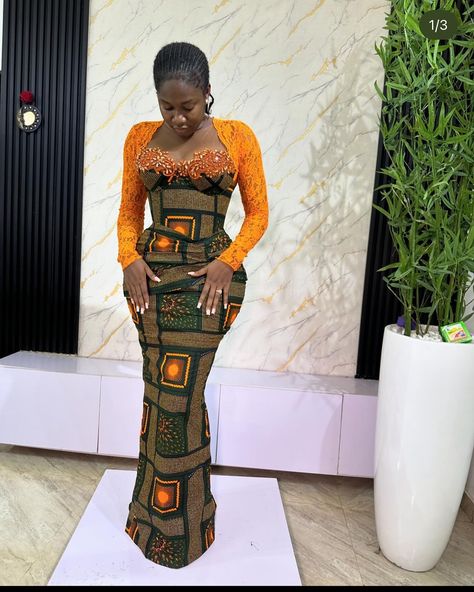 Corset Ankara Long Gown Styles, Corset Styles For Ankara, Asobi Style For Lace Gowns, Ankara Styles For Ladies 2024, Asoebi Lace Styles Classy 2024 Corset, 2024 Ankara Gown Styles, Long Sleeve Asoebi Lace Styles, Asoebi Styles 2024, Ankara Asoebi Styles For Wedding