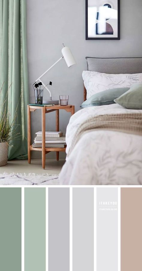 A lush sage green bedroom is the perfect way to bring a calming atmosphere to your home. From soft wall colors to muted bedding, this hue can provide a peaceful escape from the hustle and bustle of life. For some sage green bedroom ideas, try adding some layered greens in the form of artwork, greenery, and even textiles. Just make sure to keep the color palette balanced to create a soothing, tranquil atmosphere. #bedroomdecor #sagegreen #bedroomideas #bedroominspo #peacefulbedroom Urban Bedroom Decor, Grey Colour Scheme Bedroom, Green Bedroom Colors, Grey Bedroom Colors, Sage Green Bedroom Ideas, Sage Bedroom, Light Gray Bedroom, Urban Bedroom, Green Bedroom Ideas