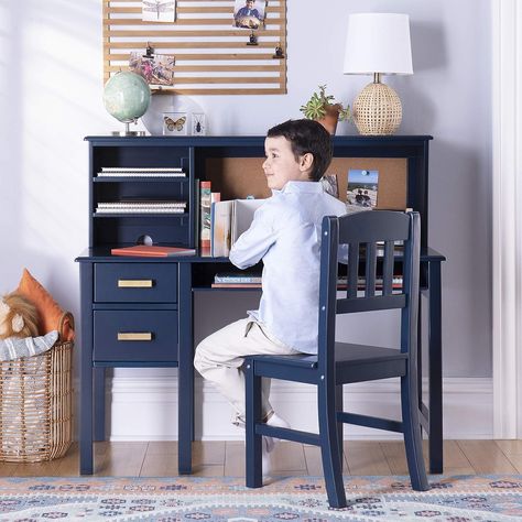 Guidecraft Taiga Desk, Hutch and Chair - Navy: Children’s Wooden Study Computer Workstation, Kids Bedroom Furniture Desk And Hutch, Study Computer, Bookshelf Chair, Study Table And Chair, Boys Desk, Kids Study Table, Chair Desk, Wooden Bedroom, Bedroom Table