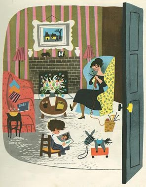 Fireside reading  [art by Mary Blair].... I remember this book :) Knitting Illustration, Mary Blair Illustration, Mary Blair Art, Roger Duvoisin, Goldilocks And The Three Bears, Mary Blair, Mid Century Illustration, Art And Illustration, Retro Illustration