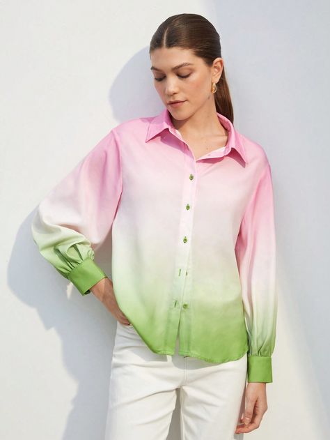 Baby Pink Casual Collar Long Sleeve Woven Fabric Ombre Shirt Embellished Non-Stretch  Women Clothing Tela, Ombre Shirt, Women Blouses, Button Front Shirt, News Design, Baby Pink, Woven Fabric, Clothes For Women, Long Sleeve