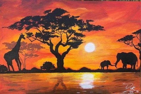 African Sunset Silhouette, Savana Paintings, African Savannah Landscape Painting, Africa Landscape Tattoo, African Safari Painting, African Landscape Tattoo, African Sunset Tattoo, Africa Landscape Painting, African Safari Tattoo