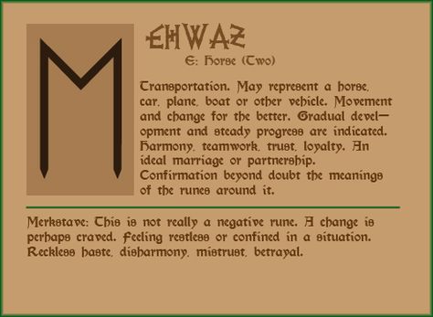 Rune of a pleasant trip -symbol representing the cooperation and existing relationship between horse and rider (for this reason, some see it as a symbol of marriage, but is G). E can also symbolize the spirit of a person, who often appears in a dream or vision in the shape of a horse which helps in the journey.  http://cristallodelcielo.jimdo.com/rune/ehwaz/ Mannaz Rune Meaning, Mannaz Rune, Vikings Runes, Rune Meanings, Rune Magic, Rune Alphabet, Runes Meaning, Divination Runes, Rune Symbols