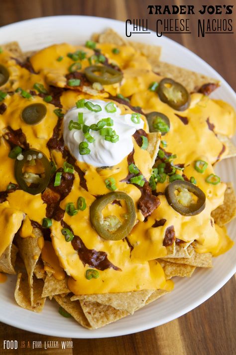 Trader Joe’s Stadium-Style Chili Cheese Nachos Recipe – FOOD is Four Letter Word Pub Cheese Trader Joes, Starbucks Egg White Red Pepper, Cheese Nachos Recipe, Shareable Snacks, Chili Cheese Nachos, Nachos Cheese Recipe, Pub Cheese, Cheese Nachos, Cheesy Nachos