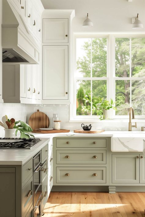 Discover 40 stylish ideas for sage green kitchen cabinets, from minimalist designs to farmhouse charm, and elevate your kitchen's aesthetic.. #kitcheninspo #homedecor #kitchendesign #kitchenremodel Green Cabinet White Backsplash, White And Green Cabinets Kitchen, Offwhite Kitchen Cabinets, Sage And White Kitchen Cabinets, Neutral Green Kitchen, White And Green Kitchen Cabinets, Light Sage Kitchen Cabinets, Two Tone Kitchen Cabinets Green, Light Green Cabinets Kitchen