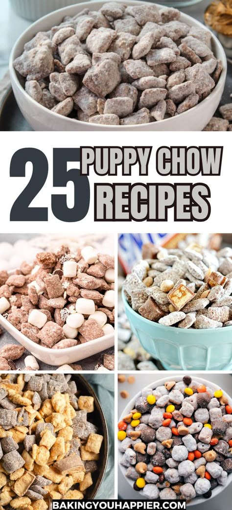 25 Puppy Chow Recipes, puppy chow is an irresistible crunchy blend that is easily customizable with candy, sprinkles, and more! Puppy Chow Recipes Christmas, Puppy Chow Ideas, Butterscotch Caramel Puppy Chow, People Chow Recipe, Puppy Chow Mix Recipes, Vegan Puppy Chow, Puppy Chow Truffles, Captain Crunch Puppy Chow, Strawberry Shortcake Puppy Chow