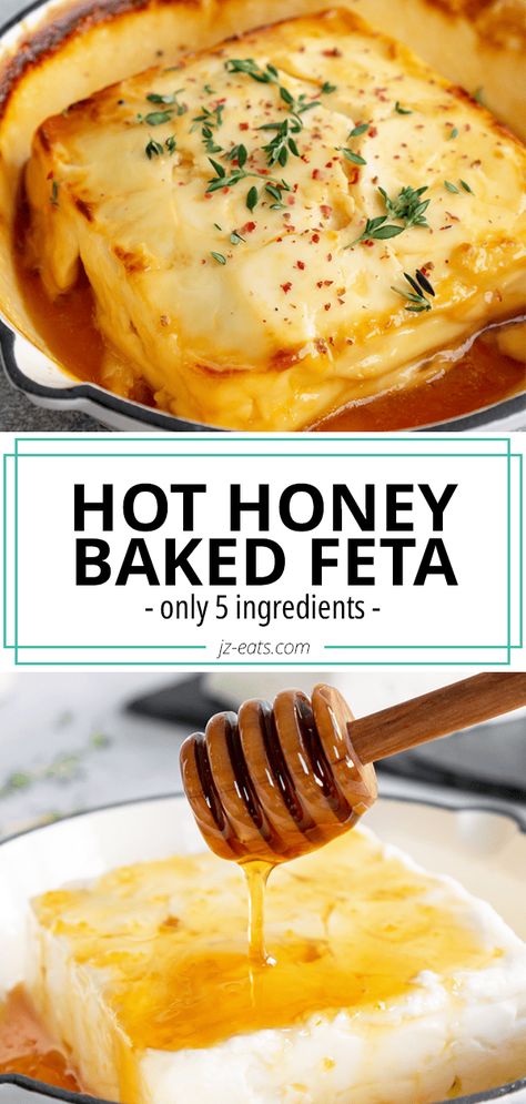 Hot Honey Baked Feta (5 Ingredients!) Hot Cheese Appetizers, Baked Feta With Honey And Thyme, Baked Feta Dip Recipes, Baked Cheese Recipes Appetizers, Hot Honey And Cheese, Cheese With Honey Appetizers, Cheese And Honey Appetizers, Honey Inspired Appetizers, Simple Cheap Appetizers