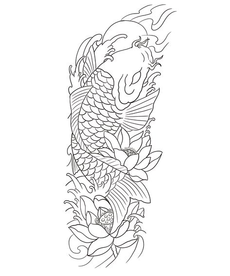 ငါးကြင်း Tattoo, Koi Fish Tattoo Outline, Japanese Tattoo Stencil, Maori Tattoo Patterns, Japanese Forearm Tattoo, Japanese Warrior Tattoo, Carp Tattoo, Japanese Koi Fish Tattoo, Tattoo Pierna