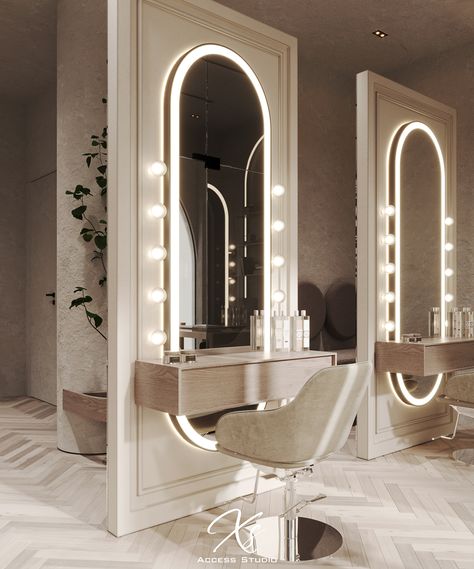 Beauty And Hair Salon Design, Beauty Room Inspo Interior Design, Makeup Area In Salon, Best Salon Lighting, Makeup Salon Interior Design, Studio Makeup Design, Beauty Salon Plan, Makeup Room Salon, Makeup Salon Interior