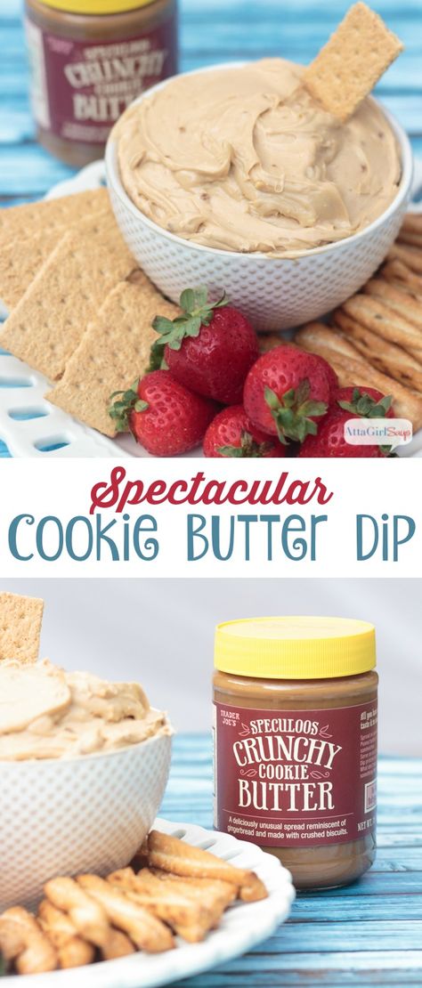 Have you tried the Speculoos Cookie Butter from Trader Joe's? This stuff leaves peanut butter and Nutella in the dust! While you might be tempted to eat it straight out of the jar, you'll find it's even better in recipes like this 4-Ingredient cookie butter dip that also makes a great filling for a no-bake cookie butter cheesecake! Cookie Butter Dip, Cookie Butter Cheesecake, 4 Ingredient Cookies, Speculoos Cookie Butter, Speculoos Cookies, Biscoff Cookie Butter, Sweet Dips, Cookie Spread, Cookie Butter