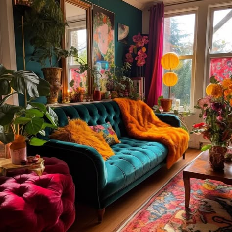 Green Living Room Maximalist, Maximalist Living Room Colorful, Maximalist Lounge Room, Calm Maximalist Decor, Colorful Dark Living Room, Bedroom Design Maximalist, Maximalist Curtain Ideas, Maximalist Floor Lamp, Colourful Lounge Ideas