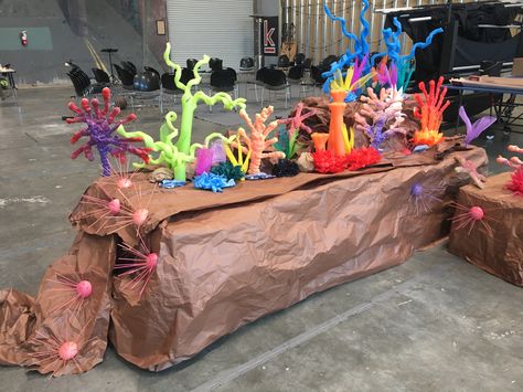 Diy Coral Reef, Vbs Ocean Theme, Diy Coral, Submerged Vbs, Ocean Vbs, Under The Sea Decorations, Wooden Skewers, Story Birthday, Pool Noodle