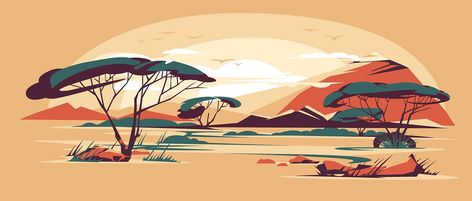 African savannah landscape by Maria Ahafonova on Dribbble African Savannah Landscape, Savannah Landscape, African Savannah, Namib Desert, Landscape Images, Baby Room Design, Landscape Illustration, Mountain Landscape, Prints For Sale