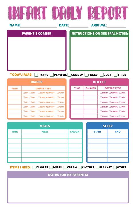 Daily Sheets For Daycare Infants, Infant Daily Report Daycare, Nursery Daily Report, Infant Printables, Daily Infant Care Sheet, Daily Sheets For Infants, Weekly Report Preschool, Infant Daily Sheets Printable Free, Daycare Report Sheet