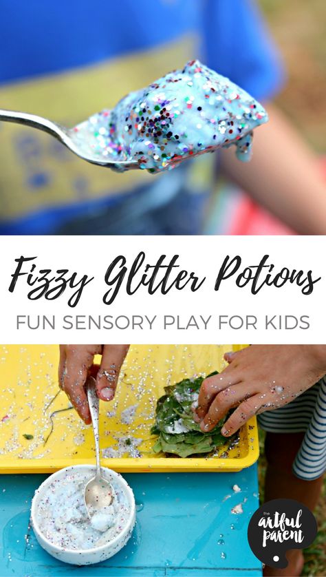 Fizzy glitter potions have the potential to keep your kids happily engaged for hours. Seriously. All you need is baking soda, vinegar, color, and glitter for this fun sensory play activity! Potion Making Eyfs, Potion Lab, Potion Play, Potions For Kids, Happily Engaged, Artful Parent, Summer Preschool Crafts, Art Recipes, Potions Recipes