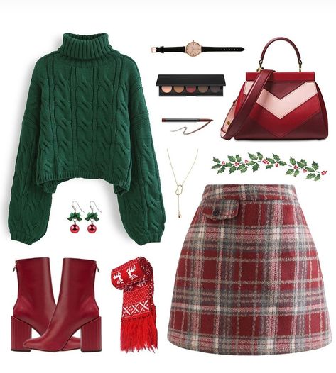 Cute Christmas Outfits Skirts, Church Outfit For Christmas, Christmas Outfit Green Pants, Christmas Bow Outfit, Christmas Jumper Outfit Aesthetic, Outfits For Christmas Day, Soft Summer Christmas Outfit, Christmas Winter Outfits Women, Christmas Academia Outfits