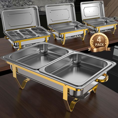 PRICES MAY VARY. HIGH QUALITY STAINLESS STEEL: Our chafing dish is made of durable stainless steel, so it can maintain temperature better. Compared with other competing products, it has more stable legs and is not easy to deform. And this chafing dish buffet set has a longer service life. DAZZLING COLOR DESIGN: The chafing dishes for buffet are meticulously designed with a striking blend of gold and silver colors that adds a touch of elegance and delicacy to your parties, leaving a deep impressi Buffet Setting Ideas, Chaffing Dishes Buffet Food Stations, Fancy Food Presentation, Buffet Set Up, Buffet Stand, Food Set Up, Buffet Servers, Dish Display, Catering Ideas Food