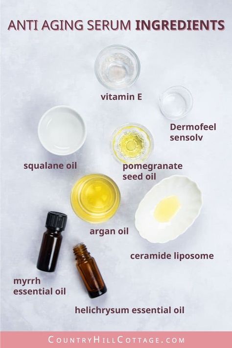 Homemade Face Serum, Scrub Packaging, Diy Anti Aging Serum, Face Serum Recipe, Serum Recipe, Face Diy, Helichrysum Essential Oil, Diy Serum, Myrrh Essential Oil