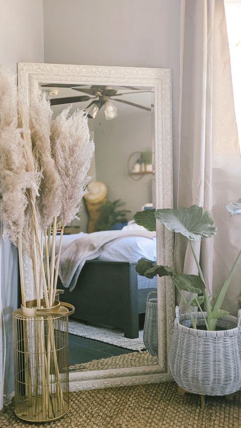 Bedroom Tall Plants, Living Room Corner Mirror, How To Fill Space In Bedroom, Corner Of Bedroom Decor, Chair In Small Bedroom Ideas, Chair Mirror Corner, Living Room Standing Mirror Decor Ideas, Get Ready Corner In Bedroom, Small Bedroom Corner Decor