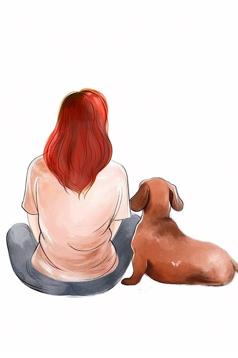 Red hair Woman sitting with wiener dog, illustration Black Hair Woman, Arte Dachshund, Dachshund Drawing, Dachshund Painting, Dachshund Illustration, Illustration Journal, Red Hair Woman, Dachshund Art, Dachshund Mom