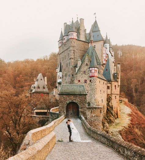 Burg Eltz German Castle Elopement- This fairy tale elopement inspiration at a 12th Century German castle features a stunning bridal cape, epic views, Fall colors and florals. Germany Wedding, Real Life Fairies, German Wedding, Castle Wedding Venue, Autumn Fairy, Chateau France, Fairytale Castle, Beautiful Castles, Outside Wedding