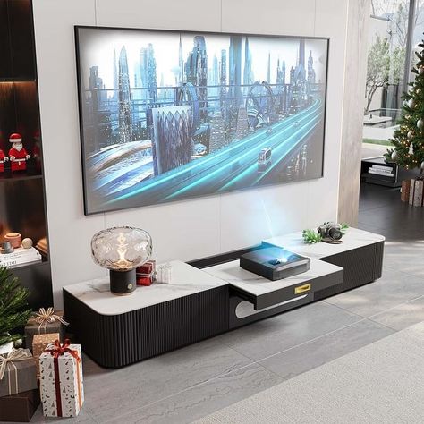 Modern TV Stand for Projector, Sintered Stone TV Cabinet with Drawers for Home Theater, Oak Veneer MDF, Black & White, 102'' - Bed Bath & Beyond - 36834102 Speaker Setup, Projector Stand, Modern Tv Room, Hanging Tv, Tv Projector, Cabinet With Drawers, Home Cinema Room, Tv Stand With Storage, Mobile Tv