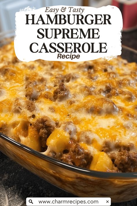 Hamburger Supreme Casserole is a hearty and delicious dish that brings together ground beef, pasta, and a rich, creamy sauce, all topped with melted cheese. This comforting casserole is perfect for family dinners, potlucks, and any occasion where you want to serve something satisfying and crowd-pleasing. Its layers of flavors and textures make it a beloved favorite that's sure to become a staple in your home. Easy Hamburger Meat Recipes Casseroles, Hamburg, Dinners Made With Hamburger, Hot Dish Recipes Hamburger, Dinner Ideas To Make With Ground Beef, Hamburger Bake Casserole, Precooked Hamburger Recipes, Top Beef Recipes, Corn Ground Beef Recipes