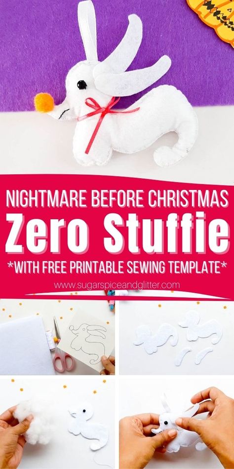 How to make a Zero Stuffie inspired by the Nightmare Before Christmas. This Disney sewing craft is perfect for beginning sewists and uses our free sewing pattern to make the process super quick and easy Oogie Boogie Sewing Pattern Free, Nightmare Before Christmas Sewing Patterns, Felt Patterns Free, Disney Sewing, Christmas Sewing Patterns, Free Printable Sewing Patterns, Christmas Sewing Projects, Sewing Templates, Printable Sewing Patterns