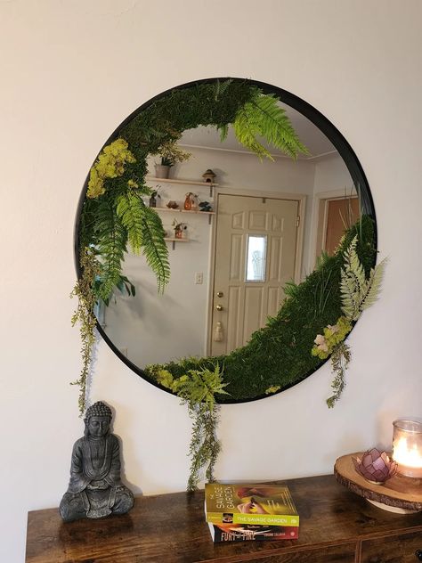 Moss Mirror - Etsy Moss Moon Mirror, Making A Moss Mirror, Plant Mirror Wall, Circle Mirror Moss, Earthy Mirror Ideas, Moss Home Decor, Round Moss Mirror, Cottage Core Mirror Diy, Green Vanity Bedroom