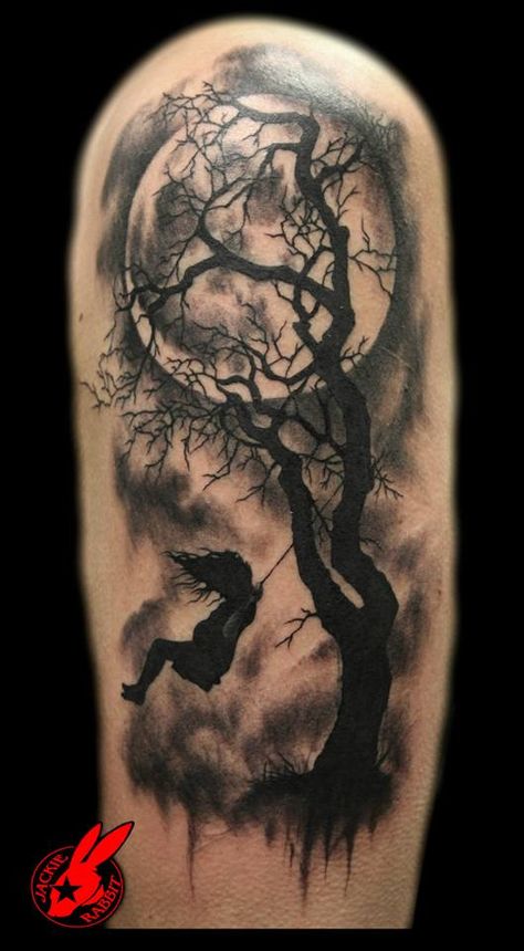 Tree Girl on Swing Tattoo by Jackie Rabbit | Custom Tattoo b… | Flickr Cat Tattoos, Polynesian Tattoos, Tree Tattoos, ศิลปะ Sugar Skull, Tree Silhouette Tattoo, Tato Salib, Tree Tattoo Men, Wanderlust Tattoo, Silhouette Tattoos