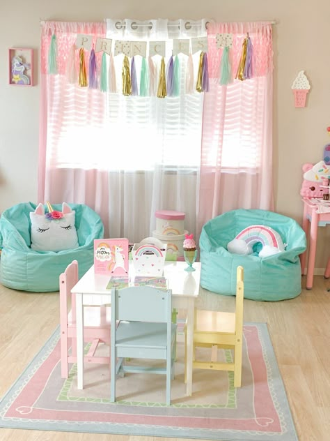 39 Fun Playroom Organization Ideas For Girls You Will Love Rainbow Unicorn Room Decor, Unicorn Room Inspiration, Unicorn Rainbow Room Ideas, Rainbow Unicorn Bedroom Ideas, Unicorn Rooms For Girls Ideas, Rainbow Girls Room Ideas, Toddler Unicorn Room, Unicorn Bedroom Ideas Kid Rooms, Unicorn Room Ideas