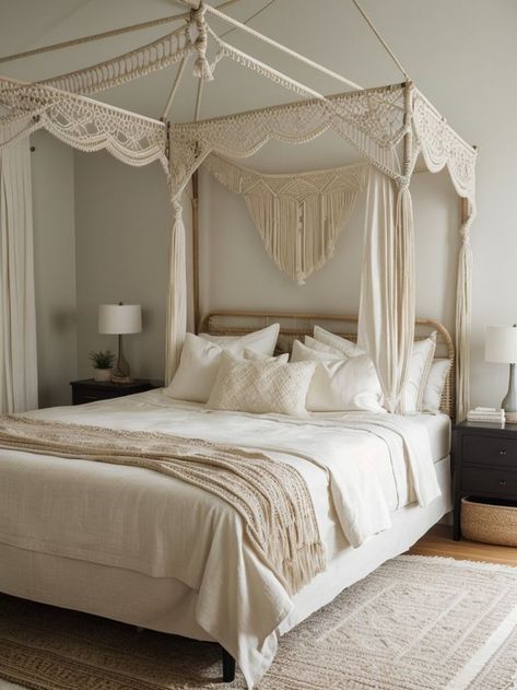 Macrame Bed Canopy, Dream Bedroom Aesthetic, Macrame Canopy, Canopy Bed Drapes, Macrame Bed, Bed Drapes, Macrame Curtain, Layered Rugs, Bed Canopy