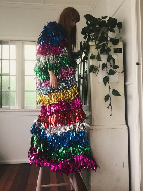 Tinsel Coat, Tinsel Outfit, Tinsel Dress, Rainbow Coat, Rachel Burke, Rainbow Jacket, Fashion Editorial Makeup, Festival Coats, Sparkle Outfit