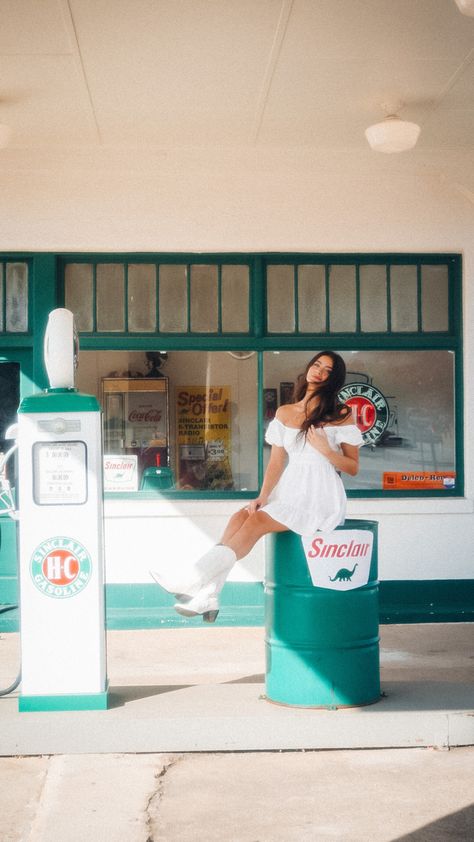 Dress, white dress, outdoor, photoshoot, sonya7iii, film, vibe, aesthetic, photo, photography, green gas station, cowgirl boots, Abandoned Gas Station Photoshoot, Vintage Gas Station Photoshoot, Old Gas Station Photoshoot, Dress Outdoor Photoshoot, Western Senior Picture Ideas, Gas Station Photoshoot, Senior 25, Station Photography, Vintage Shoot