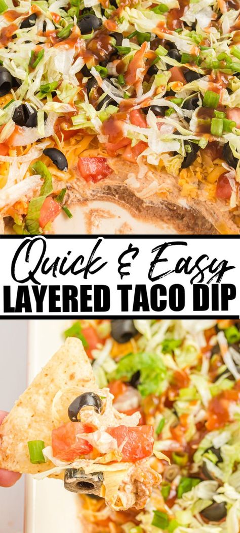 EASY taco dip recipe perfect for game day! Prep only takes minutes and it's a real crowd-pleasing comfort recipe. | www.persnicketyplates.com Essen, Cold Taco Dip Recipe, Cold Mexican Dips And Appetizers, Taco Dip Cold, Layered Taco Dip Easy, Taco Dip With Sour Cream, Taco Dips, Cold Taco Dip, Bunco Snacks