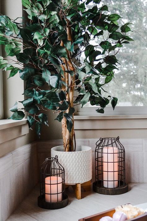 artificial plant, ficus tree, silk leaves, ceramic planter, candle holders, best candle holders, metal candle holders, bathtub decor, bathroom decor, bathroom decor ideas, how to decorate a bathroom Bathtub Candle Decor, Around Tub Decor Ideas, Corner Bath Tub Decor, Decorate Around Bathtub, Bathtub Ledge Decor, Garden Bathtub Decor, Bathtub Plants Decor, Around Bathtub Decor, Bathtub Corner Decor