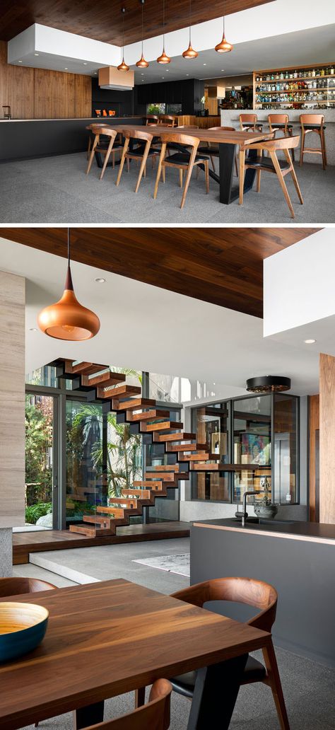 Greg Wright Architects Have Designed A House For Entertaining New Modern House, Small Kitchens, Wooden Stairs, House Stairs, The Dining Room, Staircase Design, Stairs Design, Modern Dining Room, Decor Rustic