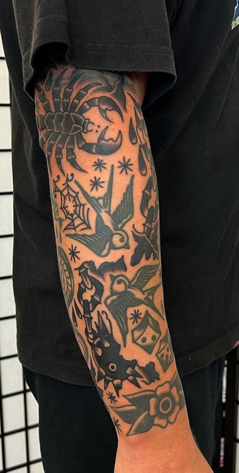 Traditional Wheat Tattoo, American Traditional Nail Tattoo, Black And Grey Elbow Tattoo, Men’s Traditional Arm Sleeve, American Traditional Arm Band, Traditional Bicep Tattoo Men, Mens Filler Tattoo Ideas, Trad Wrist Tattoo, American Traditional Tattoos On Dark Skin