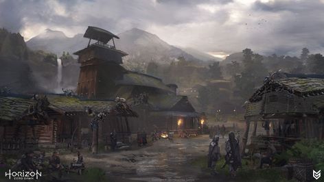 Nora Village Houses Art - Horizon Zero Dawn Art Gallery Tribe Village Concept Art, Horizon Zero Dawn Concept Art, Viking Town, Dnd Props, Environment Painting, Concept Art World, Horizon Zero Dawn, Post Apocalypse, Fantasy Places