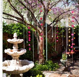 Flower garland hanging from trees...this is similar Dawn, but it had fabric. Backyard Wedding Ceremony Backdrop, Backyard Wedding Reception Decorations, Wedding Ceremony Backdrop Outdoor, Ceremony Backdrop Outdoor, Backyard Wedding Ceremony, Wedding Backyard Reception, Unique Decorations, Wedding Ceremony Backdrop, Outdoor Flowers