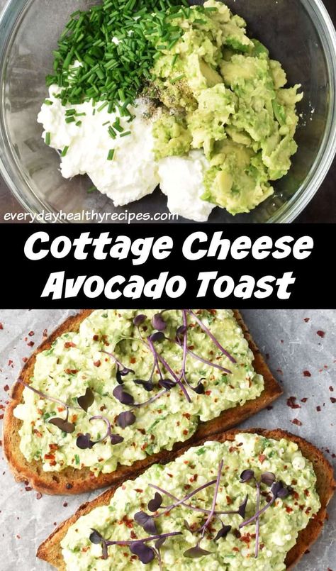 Top down view of avocado, cottage cheese and chives in glass bowl and 2 cottage cheese avocado toasts on top of parchment. Avocado And Cottage Cheese Toast, Cottage Cheese Avocado Recipes, Avocado Toast With Protein, Cottage Cheese And Avocado Toast, Avocado Toast Variations, Greens For Breakfast, Pre Made Breakfast Ideas Healthy, Low Carb Avocado Toast, High Protein Snacks Cottage Cheese