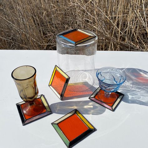 Set of five stained glass coasters for a funky touch to your home decor. Handmade. This set sold as is, but message me for custom coasters Stained Glass Mug, Stained Glass Art Ideas, Stained Glass Coasters, Funky Coasters, Stained Glass Furniture, Art Deco Stained Glass, Cool Coasters, Glass Coaster, Stained Glass Decor