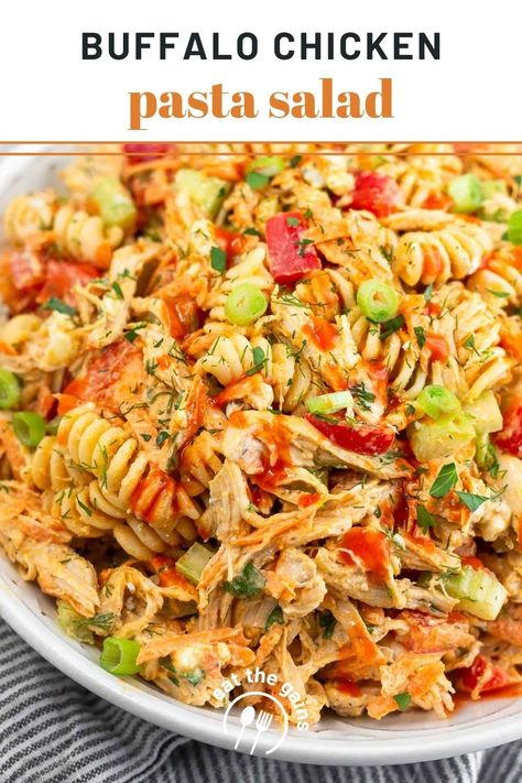 Easy and healthy buffalo chicken pasta salad packed with shredded chicken, veggies, pasta, hot sauce, and a greek yogurt blue cheese dressing. Serve this pasta salad as a side dish for BBQs and picnics, or as a full meal. Buffalo Chicken Pasta Healthy, Chicken Pasta Healthy, Pasta Recipe Healthy, Protein Pasta Salad, Buffalo Chicken Pasta Salad, Chicken Pasta Salad Recipes, Make Shredded Chicken, Buffalo Chicken Pasta, Healthy Pasta Salad