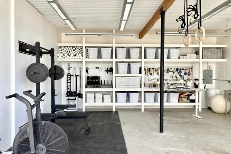 Garage Gym Ideas | 12 Bright Ideas for the Perfect Home Gym Garage Gym Half, Small Gym Room Ideas Garage, Weight Room In Garage, Small Workout Space In Garage, Budget Garage Gym, Garage Gyms Ideas Layout, Garage Mini Gym, Garage Gym With Car, Garage Gym Corner